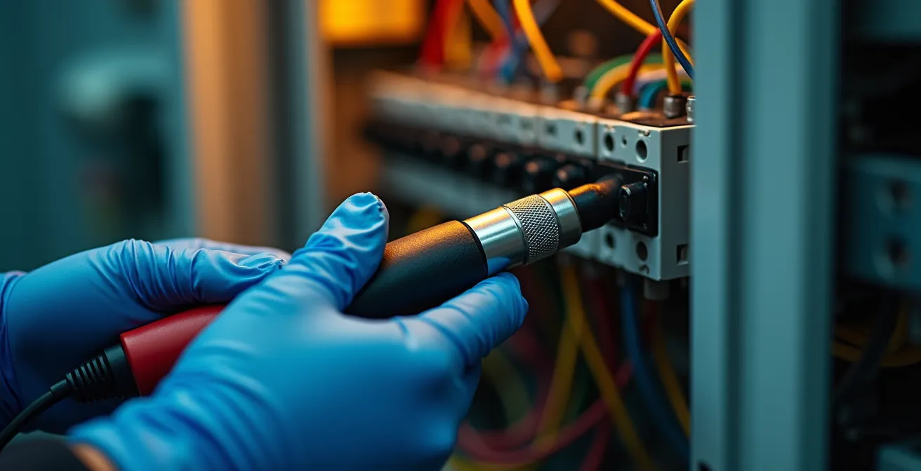 Professionnel inspectant minutieusement un tableau électrique avec outils de mesure
