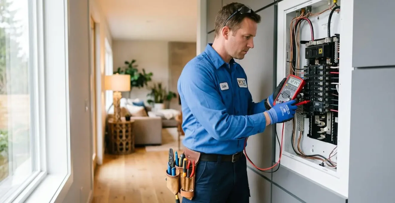 Électricien professionnel effectuant des tests de vérification sur un panneau électrique moderne dans une résidence québécoise