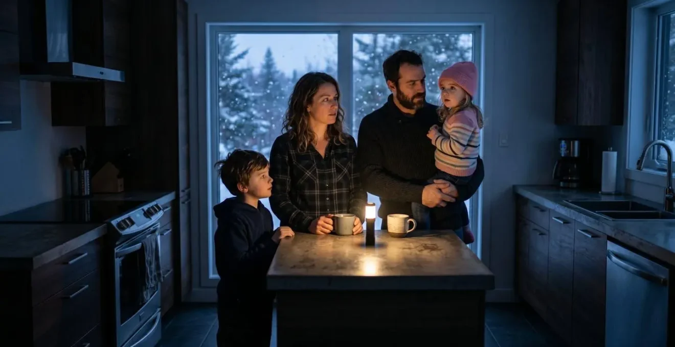 Famille montréalaise dans une cuisine plongée dans le noir en soirée d'hiver, utilisant une lampe torche pour s'éclairer lors d'une panne électrique