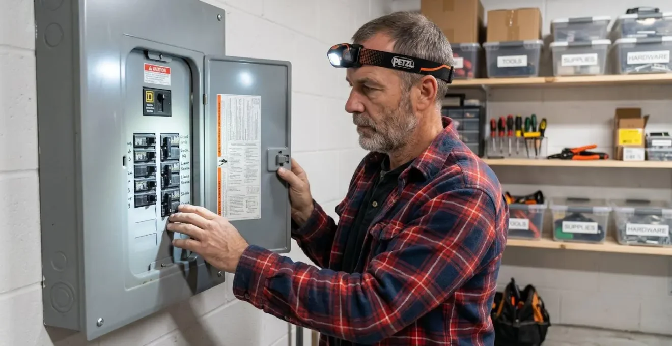 Homme d'âge mûr ouvrant prudemment la porte d'un panneau électrique dans un sous-sol résidentiel québécois, éclairé par une lampe frontale