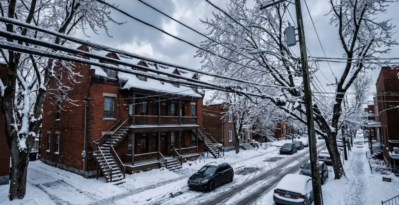 Façade d'un triplex montréalais typique en hiver avec fils électriques couverts de verglas et branches d'arbre chargées de neige à proximité