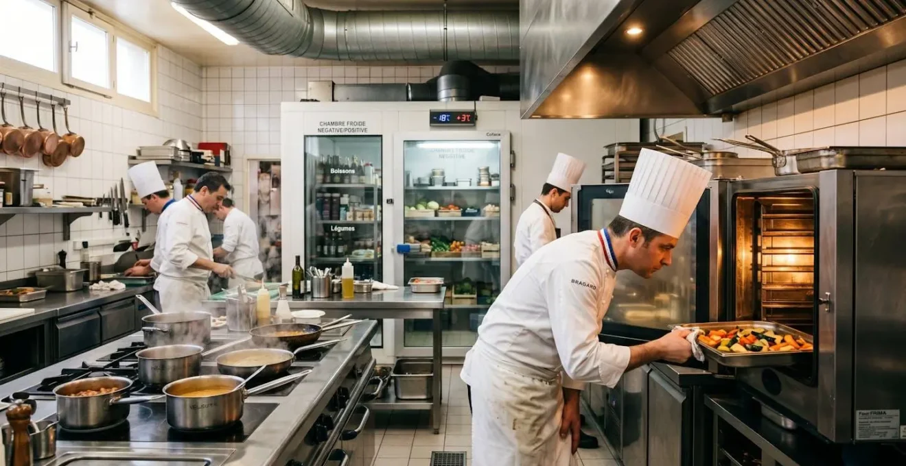 Cuisine professionnelle de restaurant française en service montrant équipements électriques simultanés : four professionnel ouvert, hotte aspirante industrielle en fonctionnement et chambre froide, avec chef vérifiant une cuisson