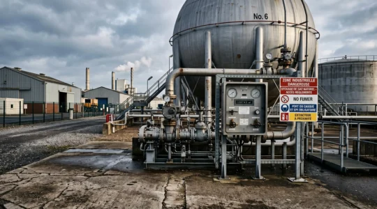 Installation industrielle de stockage de gaz naturel avec cuve métallique, tuyauterie et compteur dans une zone industrielle française sous lumière naturelle latérale