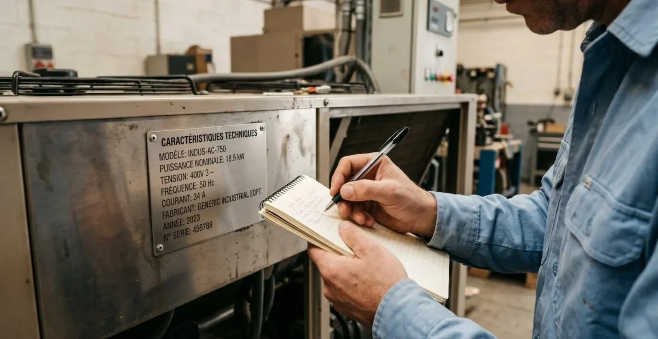 Professionnel relevant les indications de puissance en kW inscrites sur une plaque signalétique d'équipement électrique dans un local professionnel français, prenant des notes méthodiques