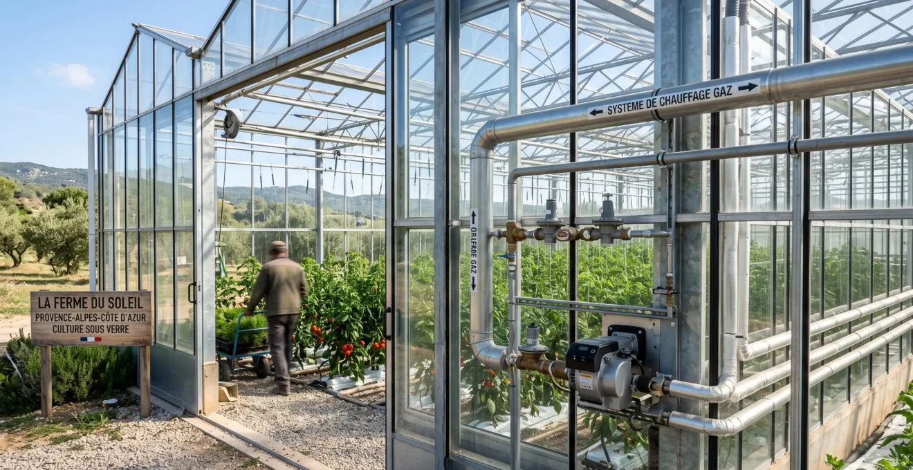 Serre agricole professionnelle avec système de chauffage au gaz naturel visible (tuyauterie et brûleur), cultures de légumes en arrière-plan, lumière naturelle abondante